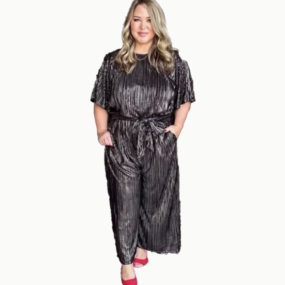 Smash + Tess Tasia Jumpsuit Metallic Black Silver Wide Leg - Picture 1 of 9